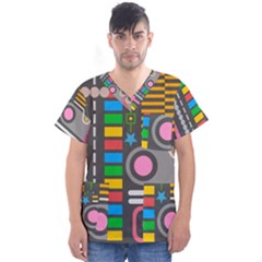 Pattern Geometric Abstract Colorful Arrows Lines Circles Triangles Men s V-neck Scrub Top