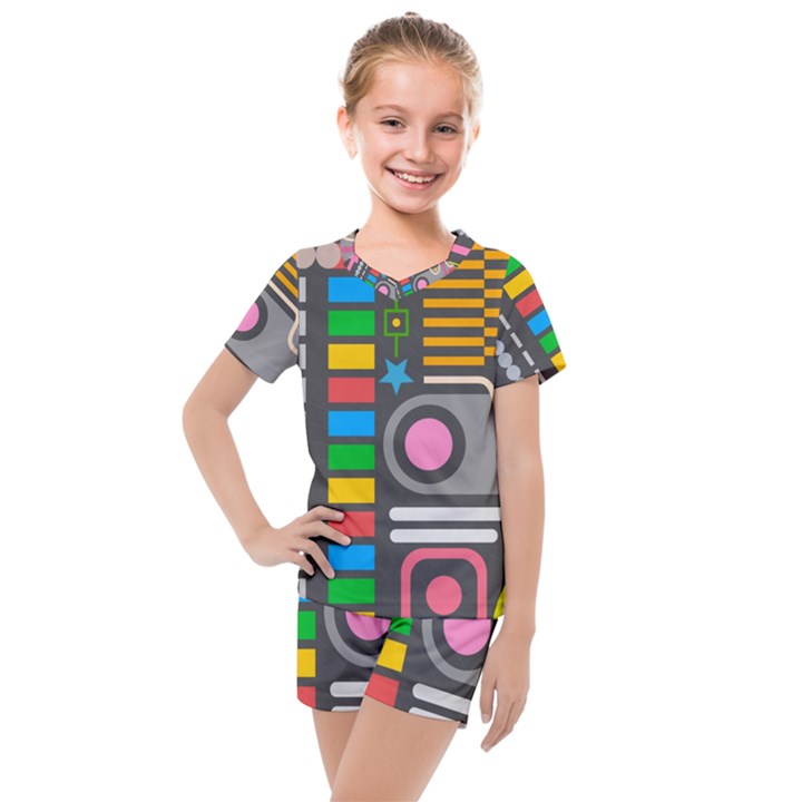 Pattern Geometric Abstract Colorful Arrows Lines Circles Triangles Kids  Mesh Tee and Shorts Set