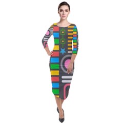 Pattern Geometric Abstract Colorful Arrows Lines Circles Triangles Quarter Sleeve Midi Velour Bodycon Dress by Vaneshart