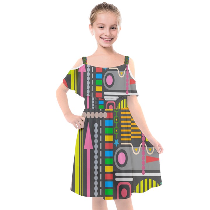 Pattern Geometric Abstract Colorful Arrows Lines Circles Triangles Kids  Cut Out Shoulders Chiffon Dress