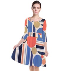 Geometric Abstract Pattern Colorful Flat Circles Decoration Quarter Sleeve Waist Band Dress by Vaneshart