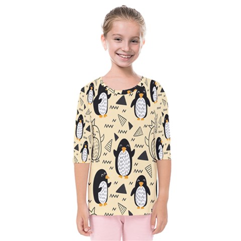 Hand Drawn Penguin Doodle Pattern Kids  Quarter Sleeve Raglan Tee by Vaneshart