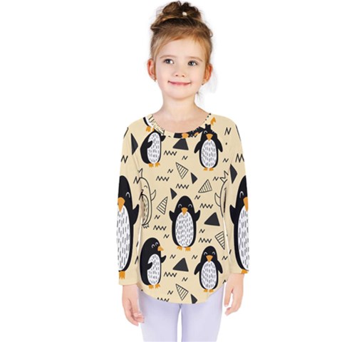 Hand Drawn Penguin Doodle Pattern Kids  Long Sleeve Tee by Vaneshart