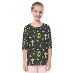 Alien Ufo Pattern Kids  Quarter Sleeve Raglan Tee