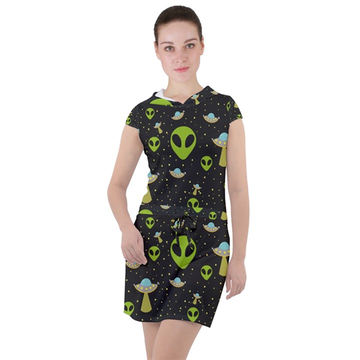 Alien Ufo Pattern Drawstring Hooded Dress