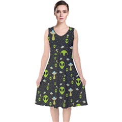 Alien Ufo Pattern V-neck Midi Sleeveless Dress  by Vaneshart