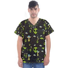 Alien Ufo Pattern Men s V-neck Scrub Top