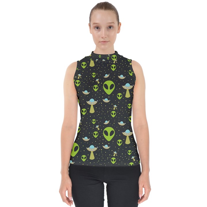 Alien Ufo Pattern Mock Neck Shell Top