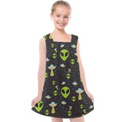 Alien Ufo Pattern Kids  Cross Back Dress by Vaneshart