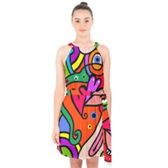 Seamless Doodle Halter Collar Waist Tie Chiffon Dress