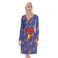 Space Rocket Pattern Long Sleeve Velvet Front Wrap Dress by Vaneshart