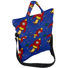 Space Rocket Pattern Fold Over Handle Tote Bag by Vaneshart