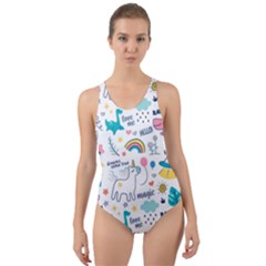 Colorful Doodle Animals Words Pattern Cut-out Back One Piece Swimsuit by Vaneshart