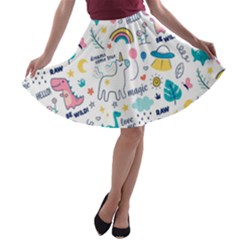 Colorful Doodle Animals Words Pattern A-line Skater Skirt by Vaneshart