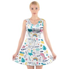 Colorful Doodle Animals Words Pattern V-neck Sleeveless Dress by Vaneshart