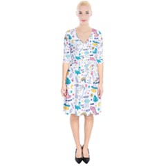 Colorful Doodle Animals Words Pattern Wrap Up Cocktail Dress