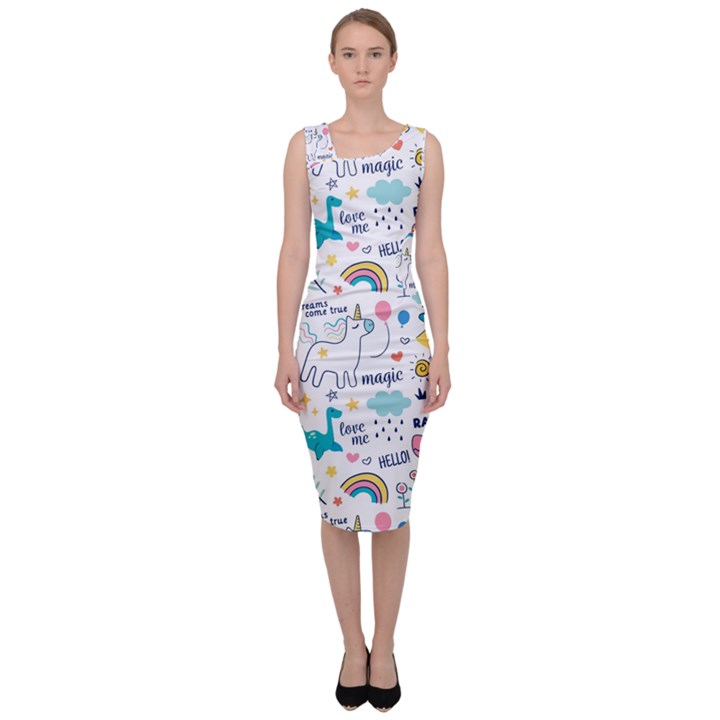 Colorful Doodle Animals Words Pattern Sleeveless Pencil Dress