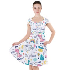 Colorful Doodle Animals Words Pattern Cap Sleeve Midi Dress by Vaneshart