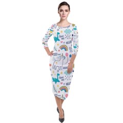 Colorful Doodle Animals Words Pattern Quarter Sleeve Midi Velour Bodycon Dress by Vaneshart