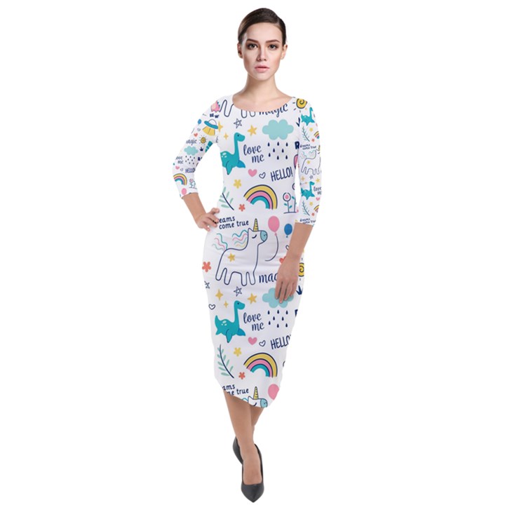 Colorful Doodle Animals Words Pattern Quarter Sleeve Midi Velour Bodycon Dress