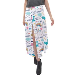 Colorful Doodle Animals Words Pattern Velour Split Maxi Skirt by Vaneshart