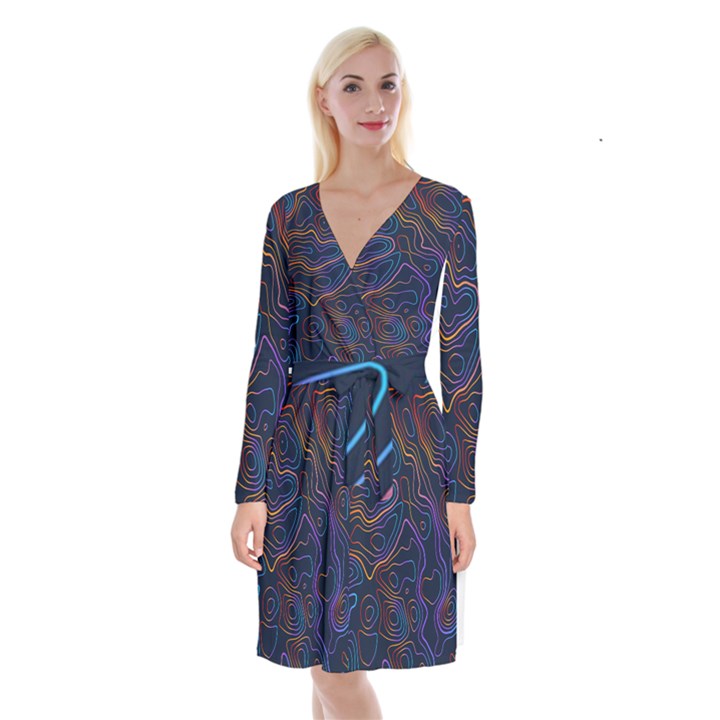 Topographic Colorful Contour Illustration Background Long Sleeve Velvet Front Wrap Dress