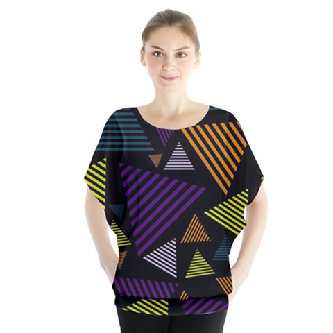 Abstract Pattern Design Various Striped Triangles Decoration Batwing Chiffon Blouse by Vaneshart