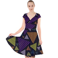 Abstract Pattern Design Various Striped Triangles Decoration Cap Sleeve Front Wrap Midi Dress by Vaneshart