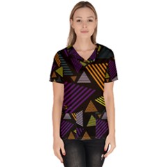 Abstract Pattern Design Various Striped Triangles Decoration Women s V-neck Scrub Top by Vaneshart