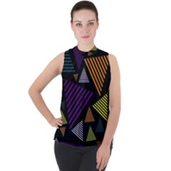 Abstract Pattern Design Various Striped Triangles Decoration Mock Neck Chiffon Sleeveless Top by Vaneshart