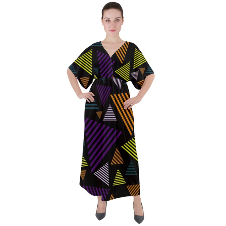 Abstract Pattern Design Various Striped Triangles Decoration V-Neck Boho Style Maxi Dress