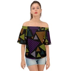 Abstract Pattern Design Various Striped Triangles Decoration Off Shoulder Short Sleeve Top by Vaneshart