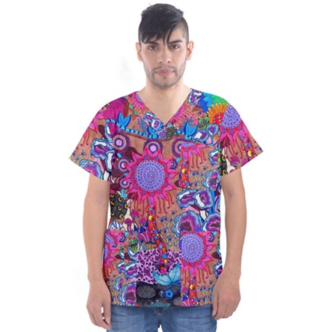 Red Flower Abstract  Men s V-neck Scrub Top by okhismakingart