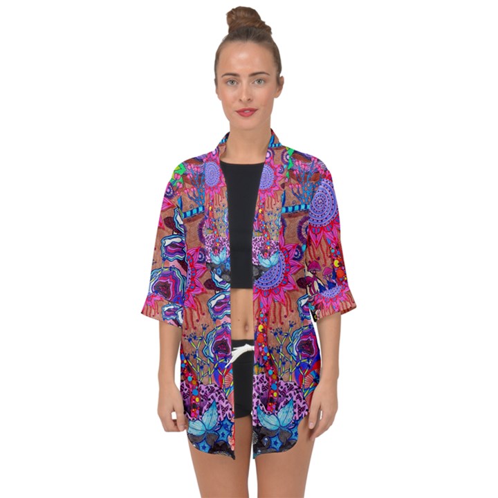 Red Flower Abstract  Open Front Chiffon Kimono