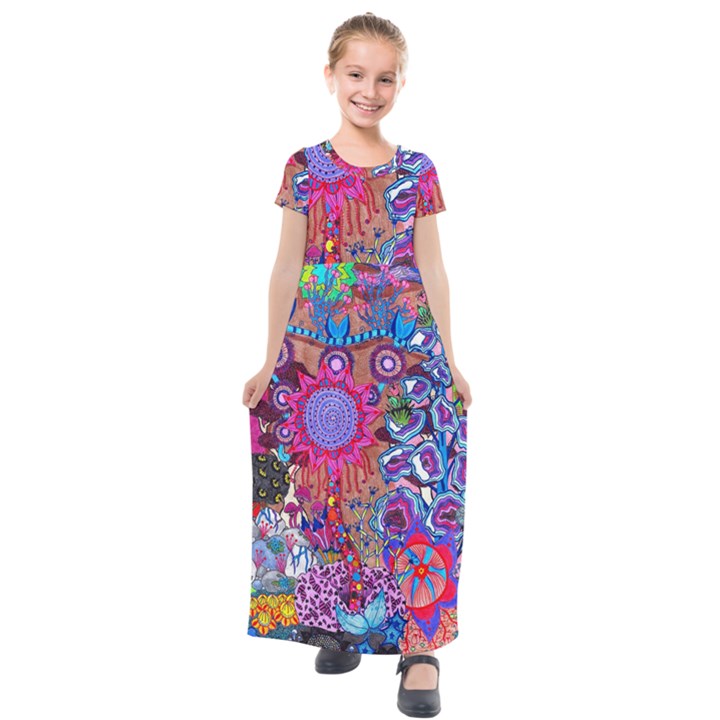 Red Flower Abstract  Kids  Short Sleeve Maxi Dress