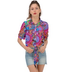 Red Flower Abstract  Tie Front Shirt  by okhismakingart