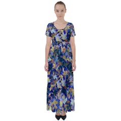 October Leaves In Blue High Waist Short Sleeve Maxi Dress by bloomingvinedesign