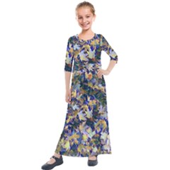 October Leaves In Blue Kids  Quarter Sleeve Maxi Dress by bloomingvinedesign