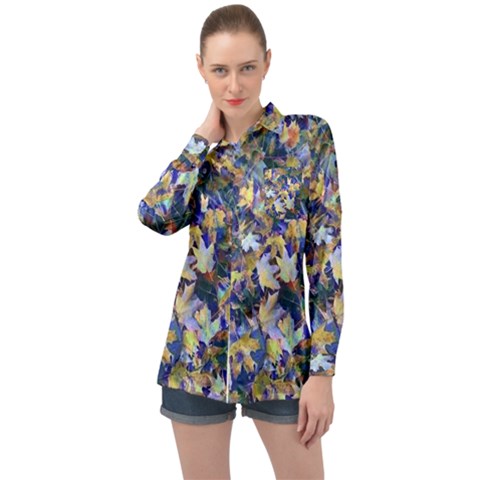 October Leaves In Blue Long Sleeve Satin Shirt by bloomingvinedesign