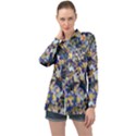 October Leaves In Blue Long Sleeve Satin Shirt View1