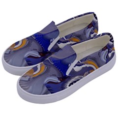 Cobalt Blue Silver Orange Wavy Lines Abstract Kids  Canvas Slip Ons by CrypticFragmentsDesign