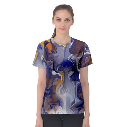 Cobalt Blue Silver Orange Wavy Lines Abstract Women s Sport Mesh Tee by CrypticFragmentsDesign