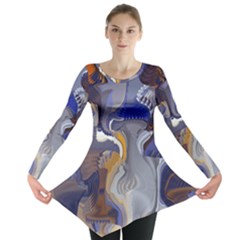 Cobalt Blue Silver Orange Wavy Lines Abstract Long Sleeve Tunic  by CrypticFragmentsDesign