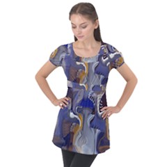 Cobalt Blue Silver Orange Wavy Lines Abstract Puff Sleeve Tunic Top by CrypticFragmentsDesign