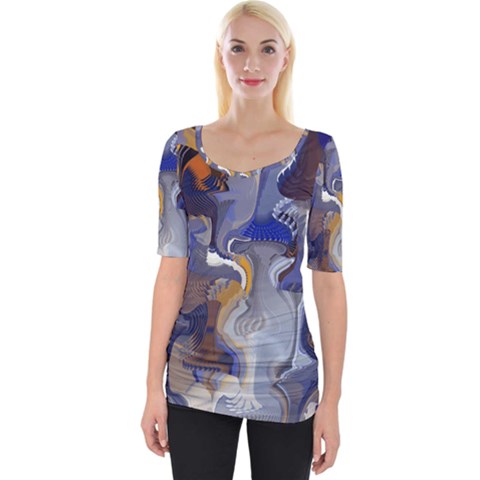 Cobalt Blue Silver Orange Wavy Lines Abstract Wide Neckline Tee by CrypticFragmentsDesign