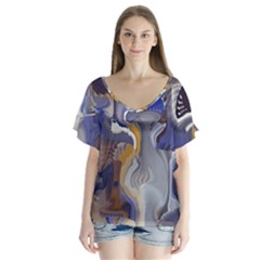 Cobalt Blue Silver Orange Wavy Lines Abstract V-neck Flutter Sleeve Top by CrypticFragmentsDesign