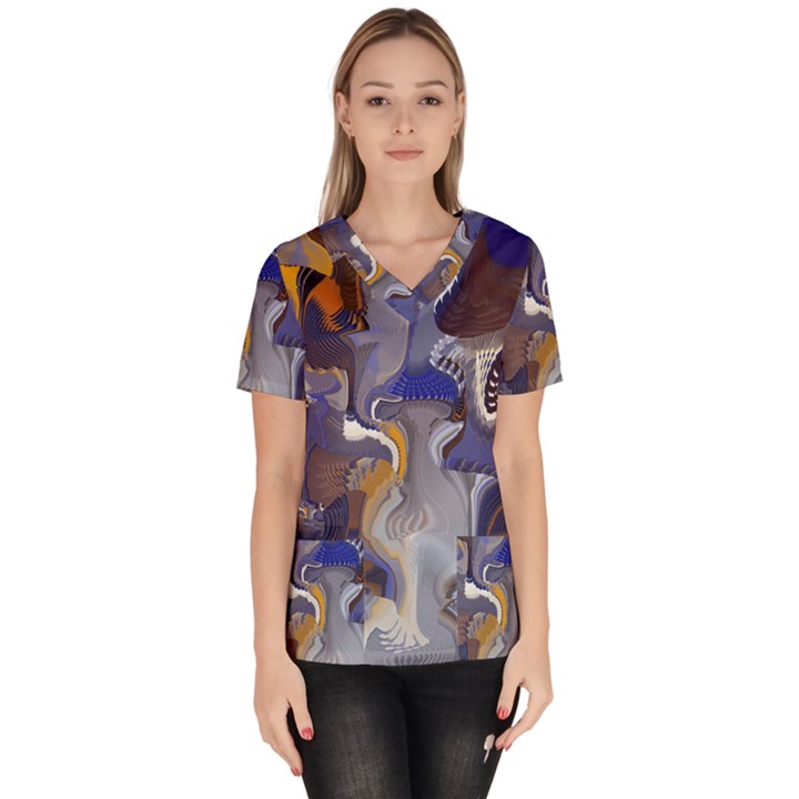 Cobalt Blue Silver Orange Wavy Lines Abstract Women s V-Neck Scrub Top