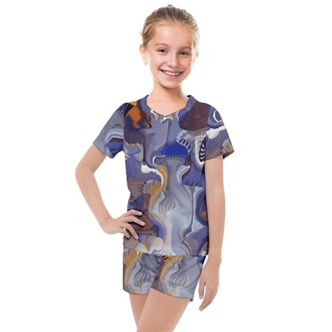 Cobalt Blue Silver Orange Wavy Lines Abstract Kids  Mesh Tee And Shorts Set by CrypticFragmentsDesign