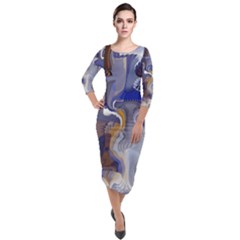 Cobalt Blue Silver Orange Wavy Lines Abstract Quarter Sleeve Midi Velour Bodycon Dress by CrypticFragmentsDesign