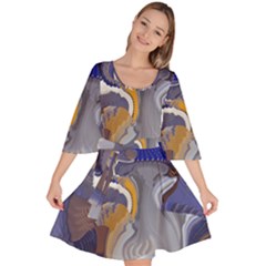 Cobalt Blue Silver Orange Wavy Lines Abstract Velour Kimono Dress by CrypticFragmentsDesign